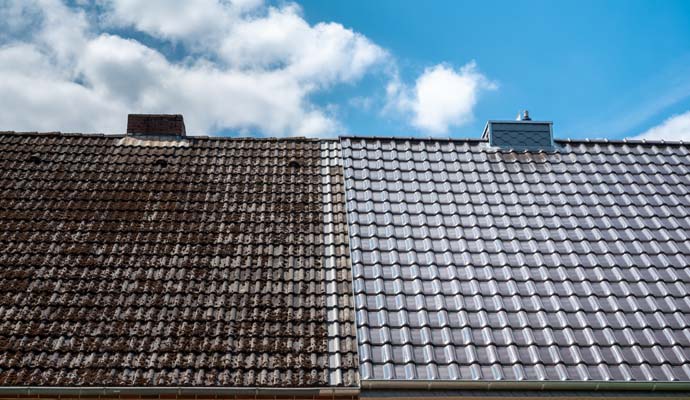 Before and after soft wash roof cleaning.