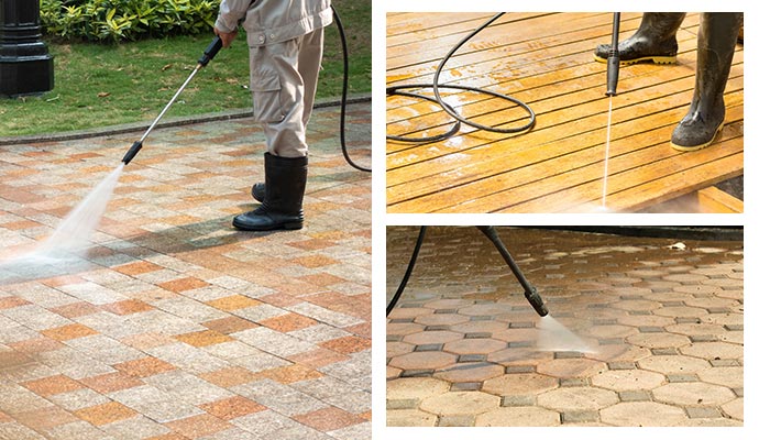 Cleaning brick paver surfaces on a deck and driveway with high-pressure washing equipment.