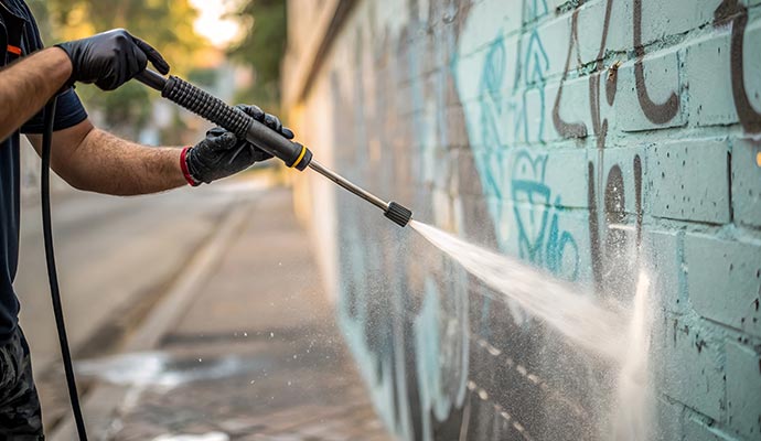 Professional worker cleaning graffiti from the wall with pressure washing
