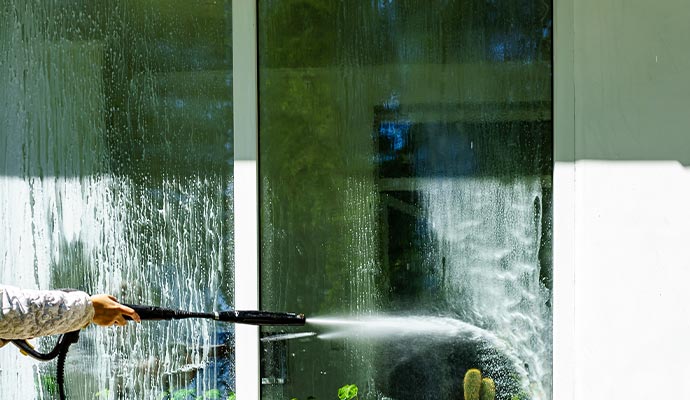 Worker cleaning window with pressure washing for a spotless finish.