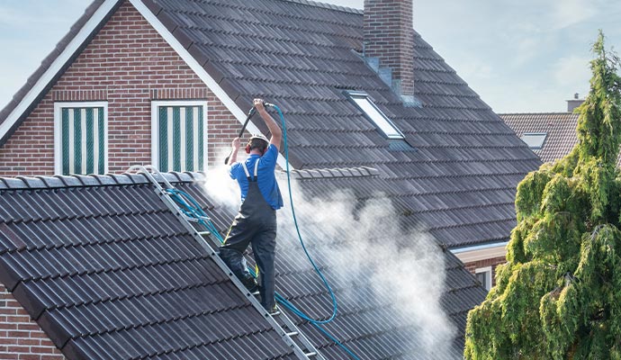Worker pressure washing on the roof